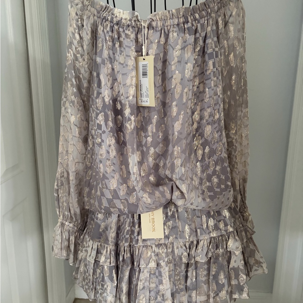 Ramy Brook Metallic Taupe Off-Shoulder Ruffle Blouse